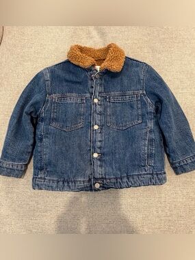 Zara Kids Blue Denim Jacket with Brown Sherpa Collar